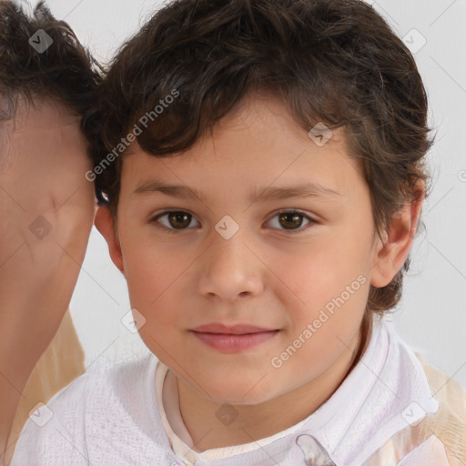 Joyful white child female with short  brown hair and brown eyes