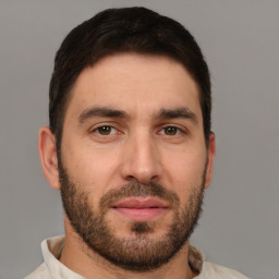 Joyful white young-adult male with short  brown hair and brown eyes