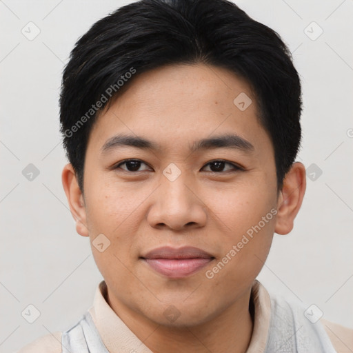 Joyful asian young-adult male with short  black hair and brown eyes