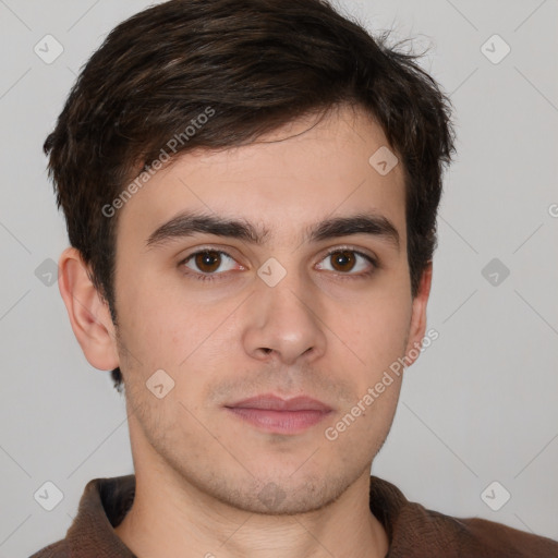 Neutral white young-adult male with short  brown hair and brown eyes