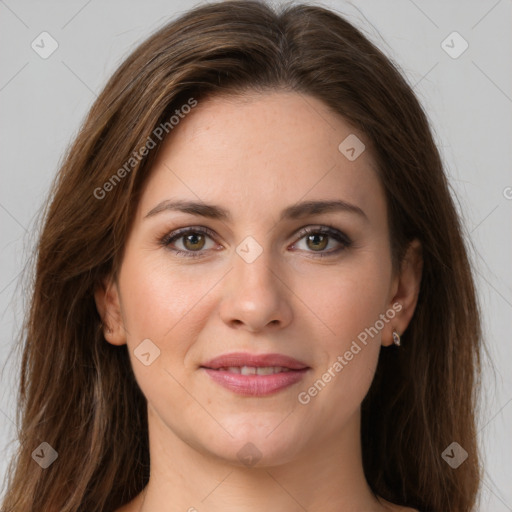 Joyful white young-adult female with long  brown hair and grey eyes