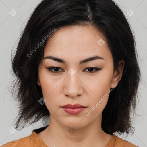 Neutral asian young-adult female with medium  brown hair and brown eyes