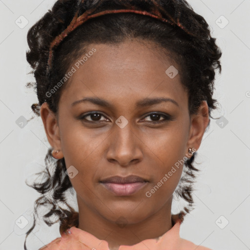 Neutral black young-adult female with medium  brown hair and brown eyes