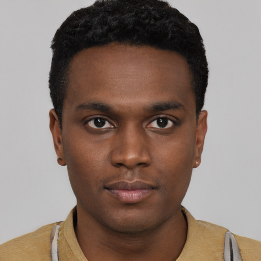 Neutral black young-adult male with short  black hair and brown eyes