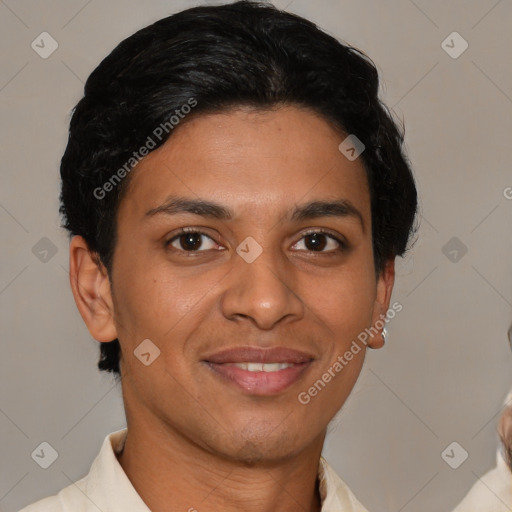 Joyful latino young-adult female with short  brown hair and brown eyes