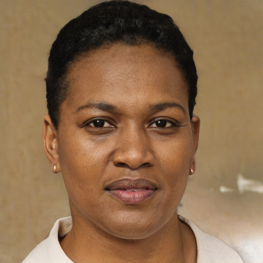 Joyful black young-adult female with short  black hair and brown eyes