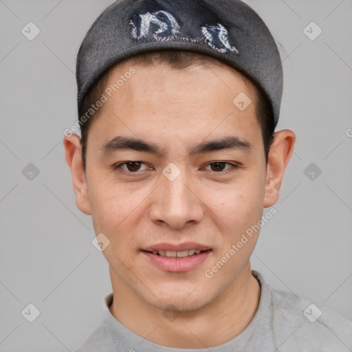 Joyful latino young-adult male with short  brown hair and brown eyes