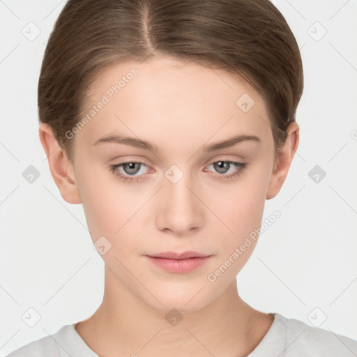 Neutral white young-adult female with short  brown hair and brown eyes