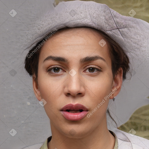 Neutral white young-adult female with short  brown hair and brown eyes