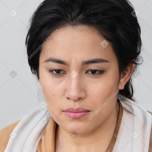 Neutral asian young-adult female with long  brown hair and brown eyes