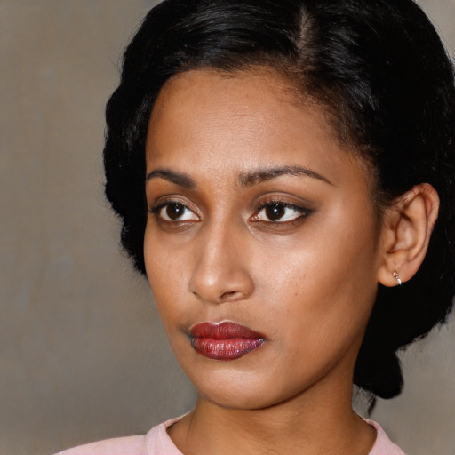 Neutral black young-adult female with medium  black hair and brown eyes