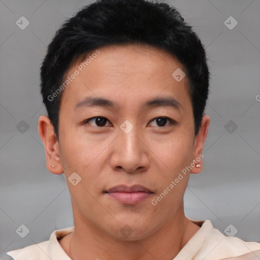 Neutral asian young-adult male with short  black hair and brown eyes