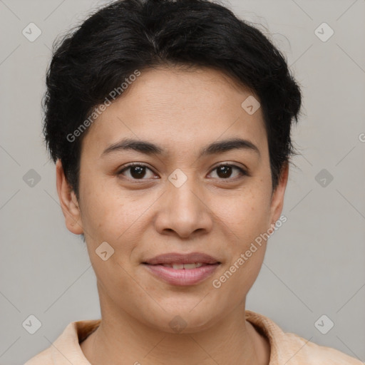 Joyful asian young-adult female with short  brown hair and brown eyes