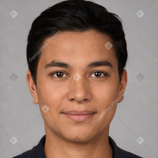 Joyful white young-adult male with short  black hair and brown eyes