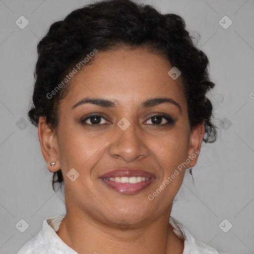 Joyful latino young-adult female with short  brown hair and brown eyes