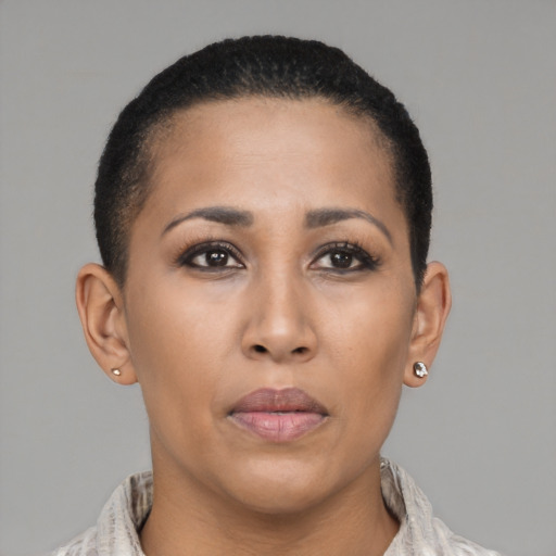Neutral latino young-adult female with short  brown hair and brown eyes