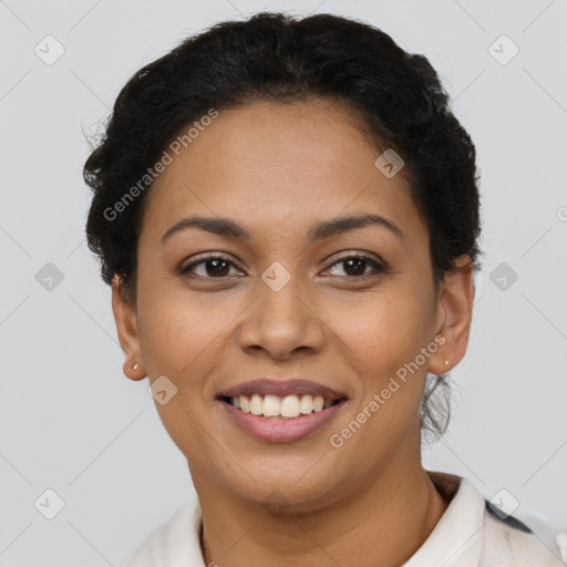 Joyful latino young-adult female with short  brown hair and brown eyes