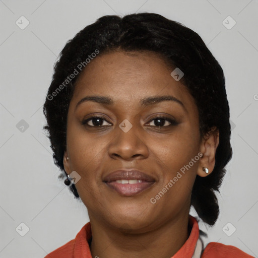 Joyful latino young-adult female with short  black hair and brown eyes