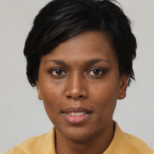 Neutral black young-adult female with short  black hair and brown eyes