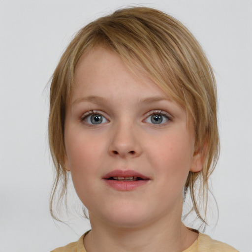 Neutral white child female with medium  brown hair and blue eyes