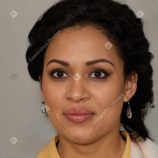 Joyful latino young-adult female with long  brown hair and brown eyes