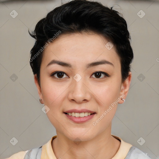 Joyful asian young-adult female with short  black hair and brown eyes