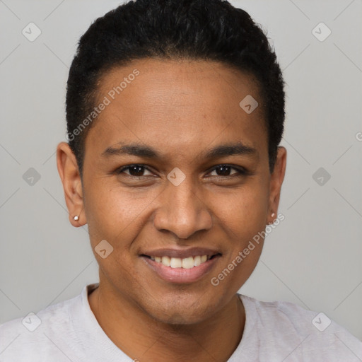 Joyful black young-adult male with short  black hair and brown eyes