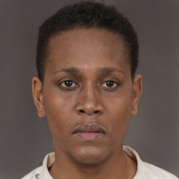 Neutral black adult female with short  brown hair and brown eyes