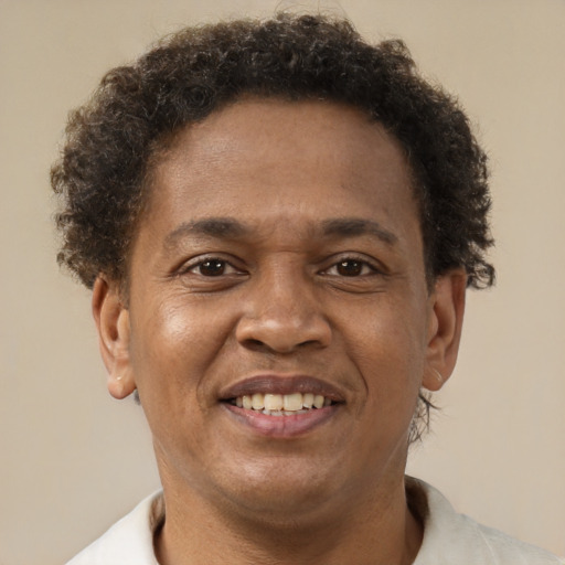 Joyful black adult male with short  brown hair and brown eyes