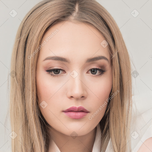 Neutral white young-adult female with long  brown hair and brown eyes