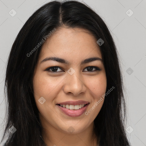 Joyful asian young-adult female with long  brown hair and brown eyes