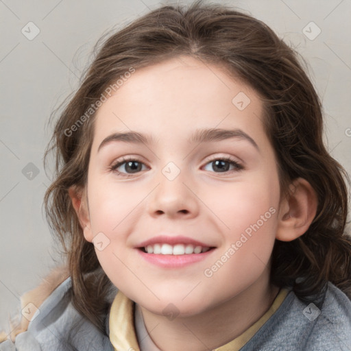 Joyful white child female with medium  brown hair and brown eyes