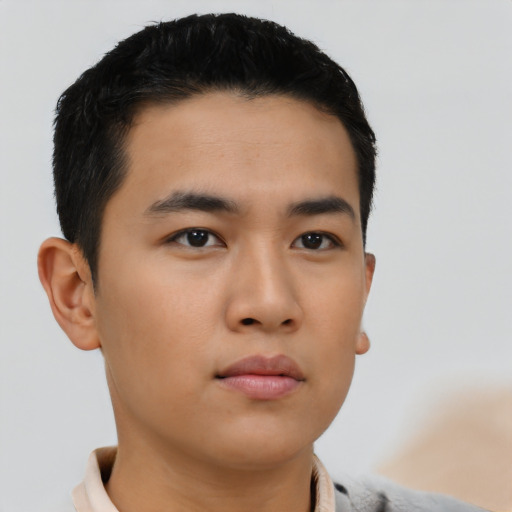 Neutral asian young-adult male with short  black hair and brown eyes