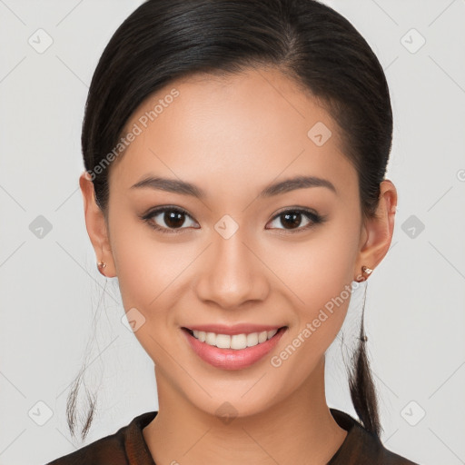 Joyful white young-adult female with long  brown hair and brown eyes