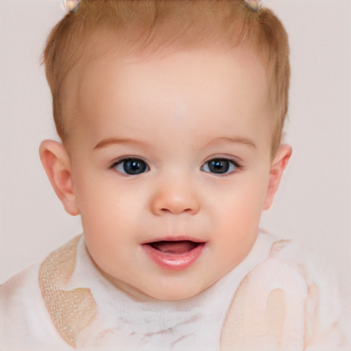 Joyful white infant female with short  brown hair and brown eyes