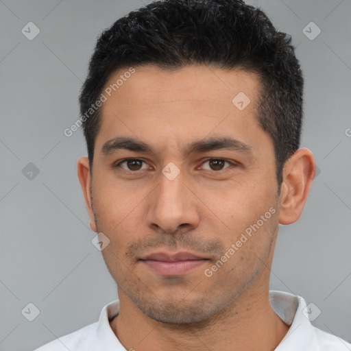 Neutral latino young-adult male with short  black hair and brown eyes