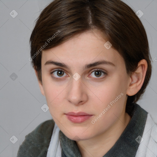 Neutral white young-adult female with medium  brown hair and brown eyes