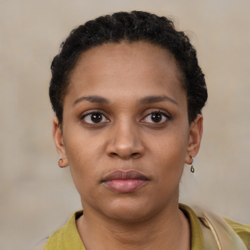 Neutral latino young-adult female with short  brown hair and brown eyes