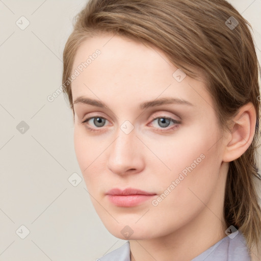 Neutral white young-adult female with medium  brown hair and grey eyes