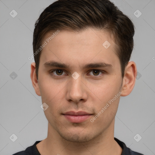 Neutral white young-adult male with short  brown hair and brown eyes