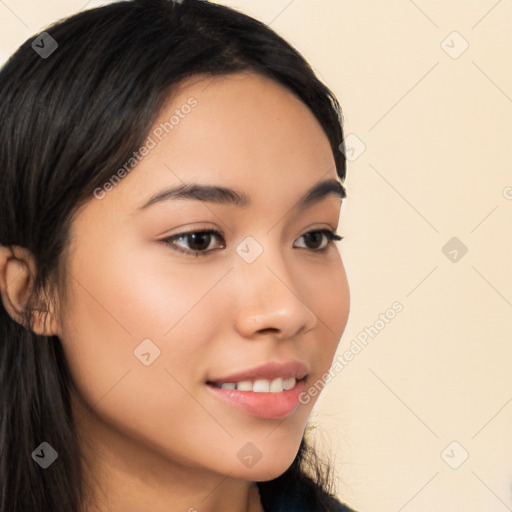 Joyful latino young-adult female with long  brown hair and brown eyes