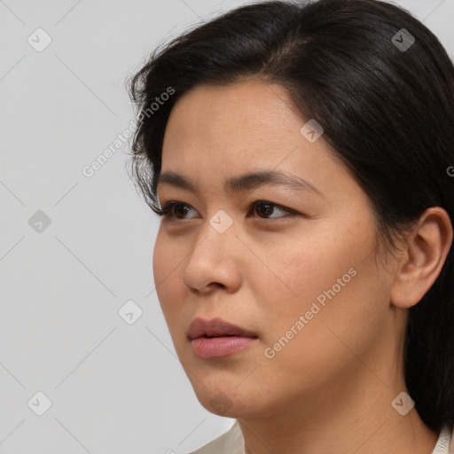 Neutral asian young-adult female with medium  brown hair and brown eyes