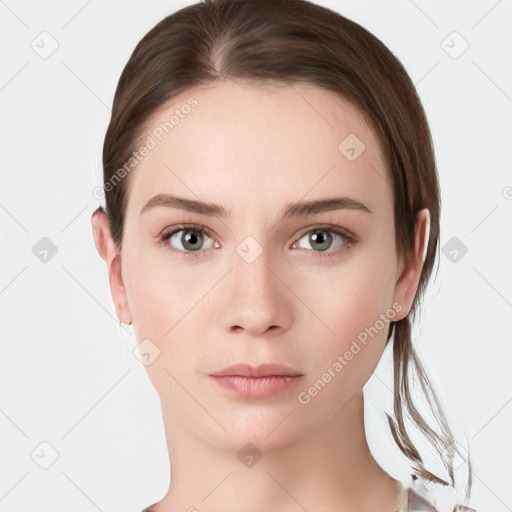 Neutral white young-adult female with medium  brown hair and grey eyes