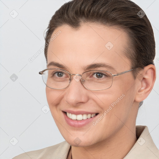 Joyful white young-adult female with short  brown hair and brown eyes