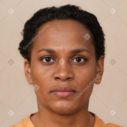 Neutral black young-adult female with short  brown hair and brown eyes