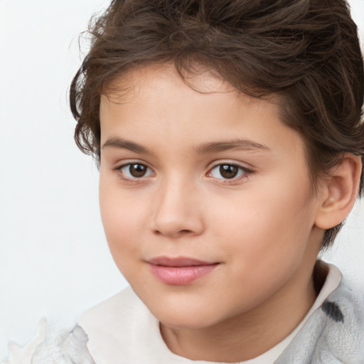 Joyful white child female with medium  brown hair and brown eyes