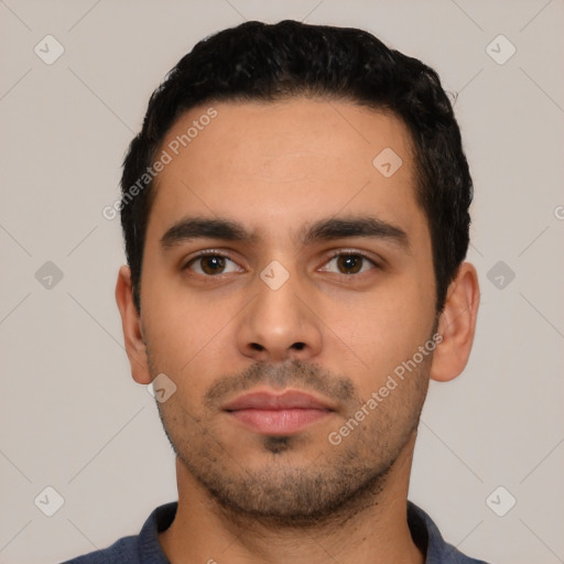 Neutral latino young-adult male with short  black hair and brown eyes