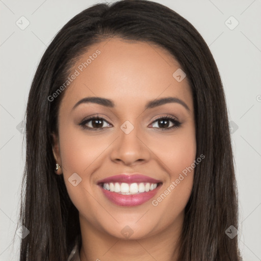 Joyful white young-adult female with long  brown hair and brown eyes