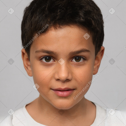 Joyful white child male with short  brown hair and brown eyes