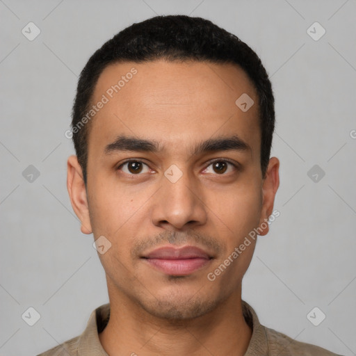 Neutral latino young-adult male with short  black hair and brown eyes